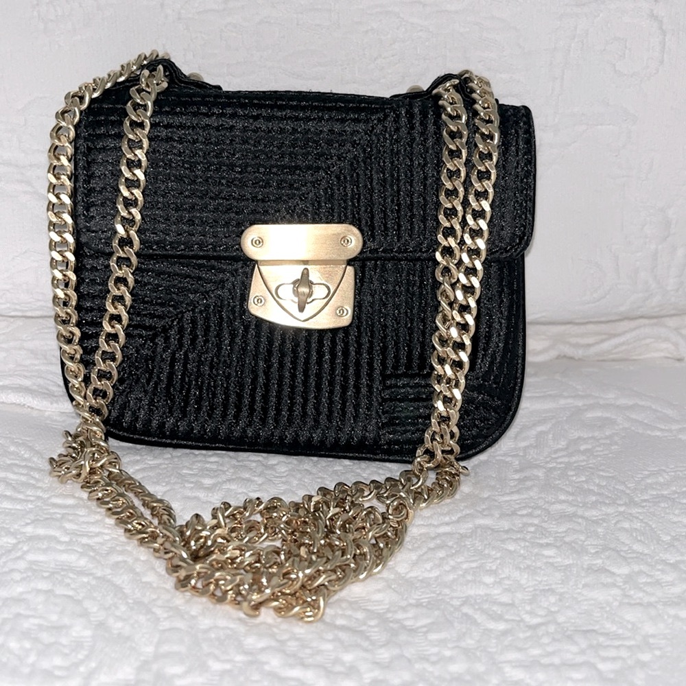 Talbots Black Purse with Gold Chain shoulder bag or crossbody 5" × 5